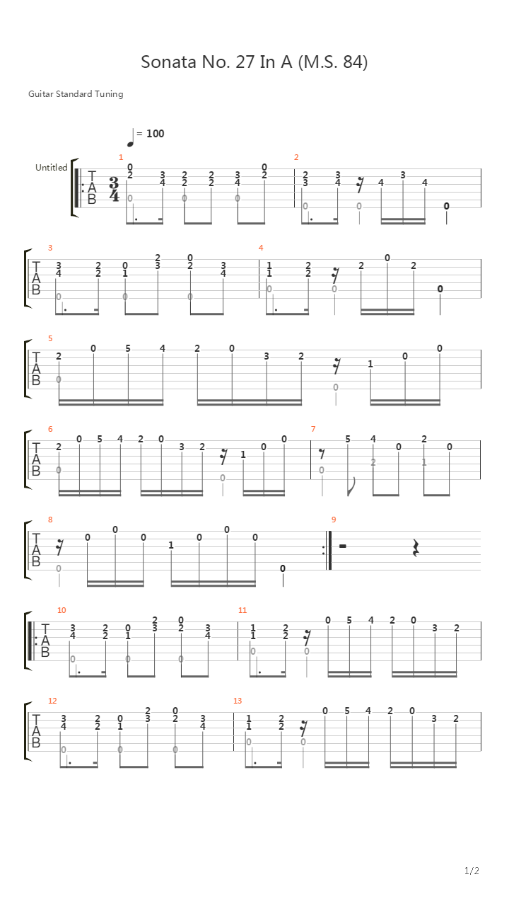 Sonata No 27 In A Ms 84(奏鸣曲)吉他谱