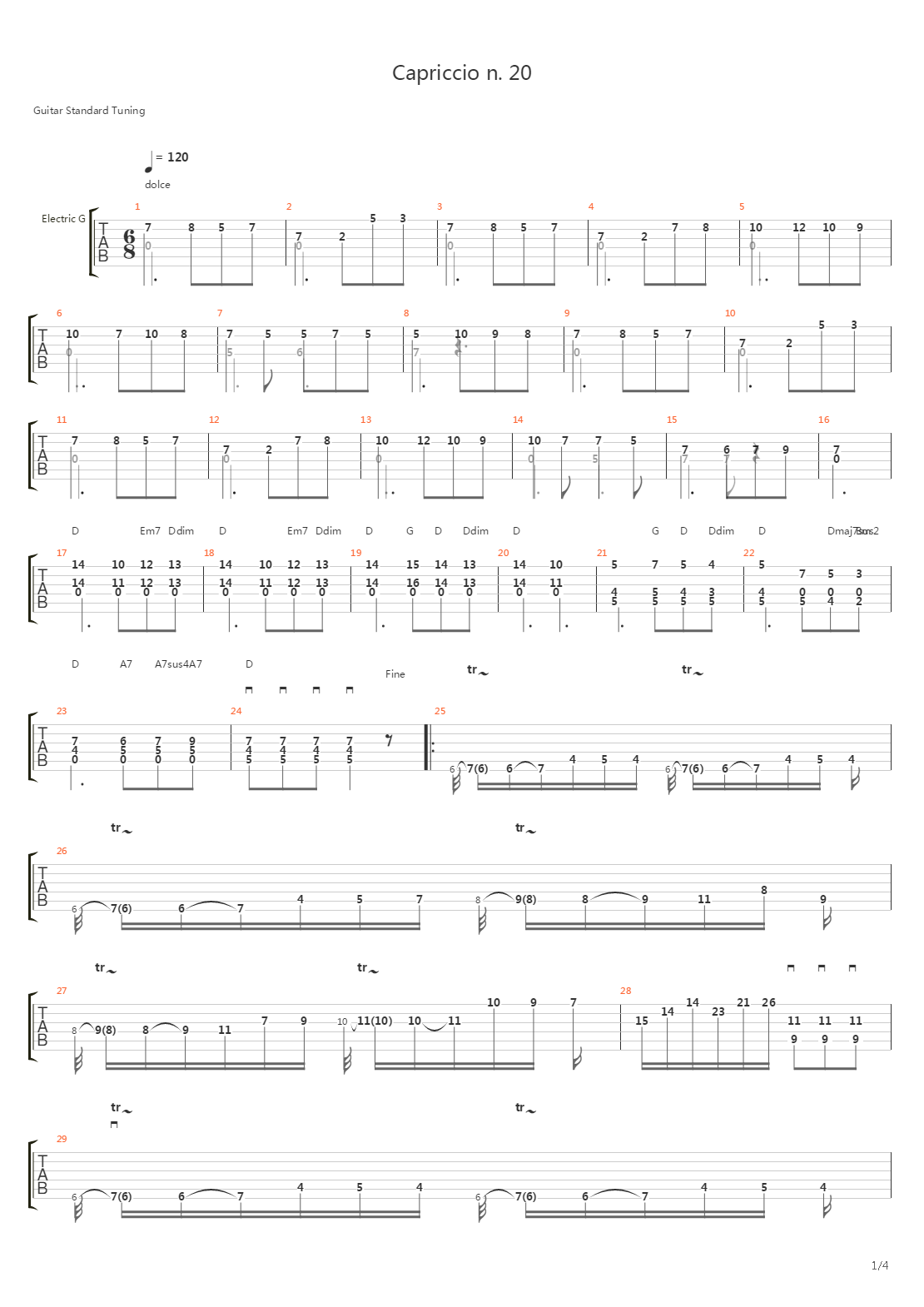 二十四首随想曲 No 20 - Alegretto In Re Maggiore吉他谱