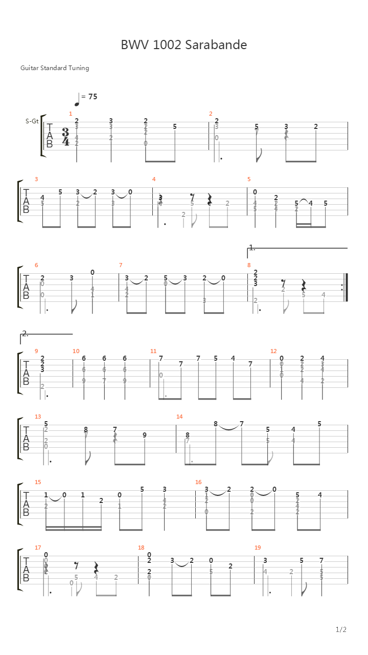 Bwv 1002 Sarabande In B Minor吉他谱