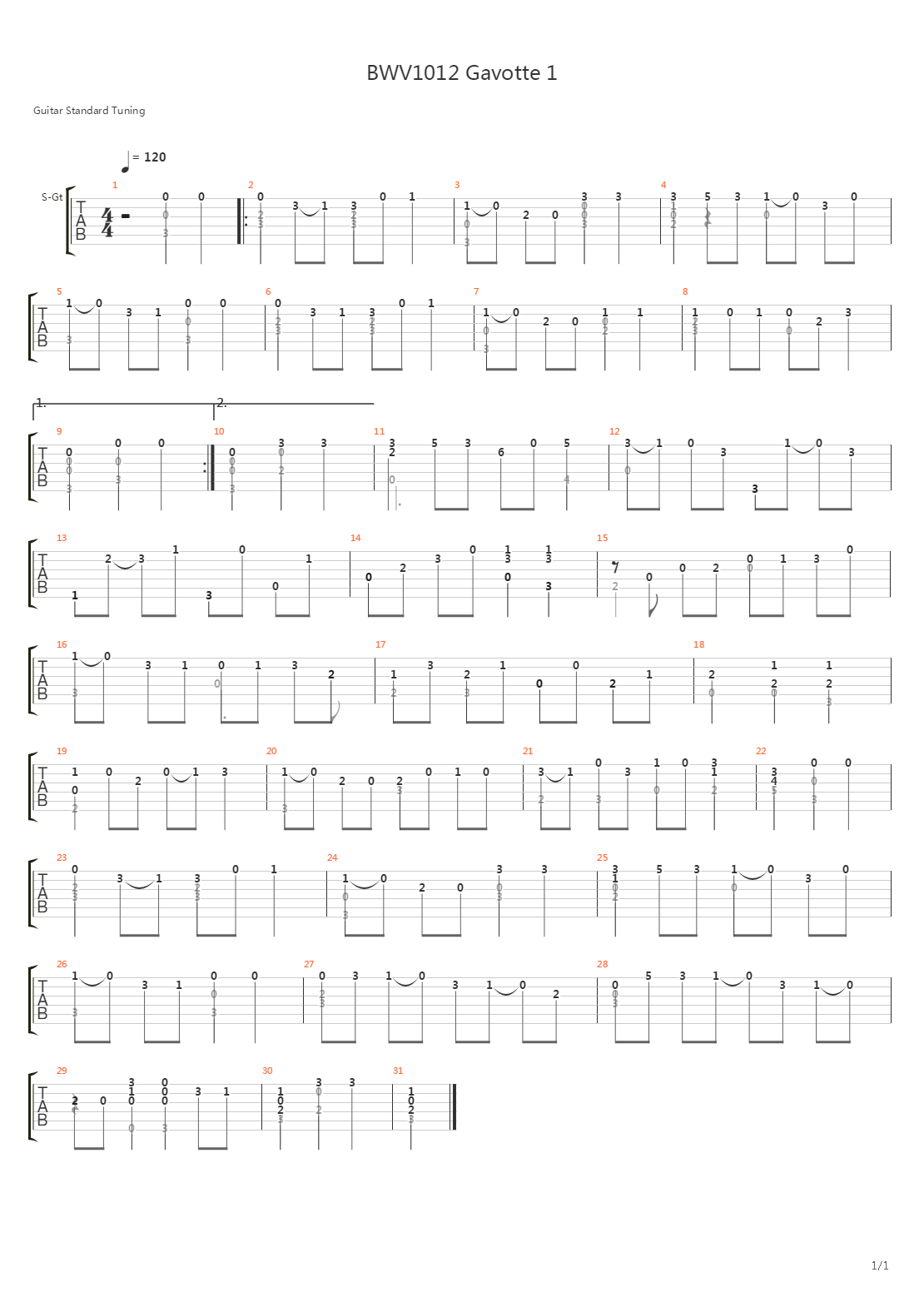 Bwv 1012 Gavotte 1 In C吉他谱