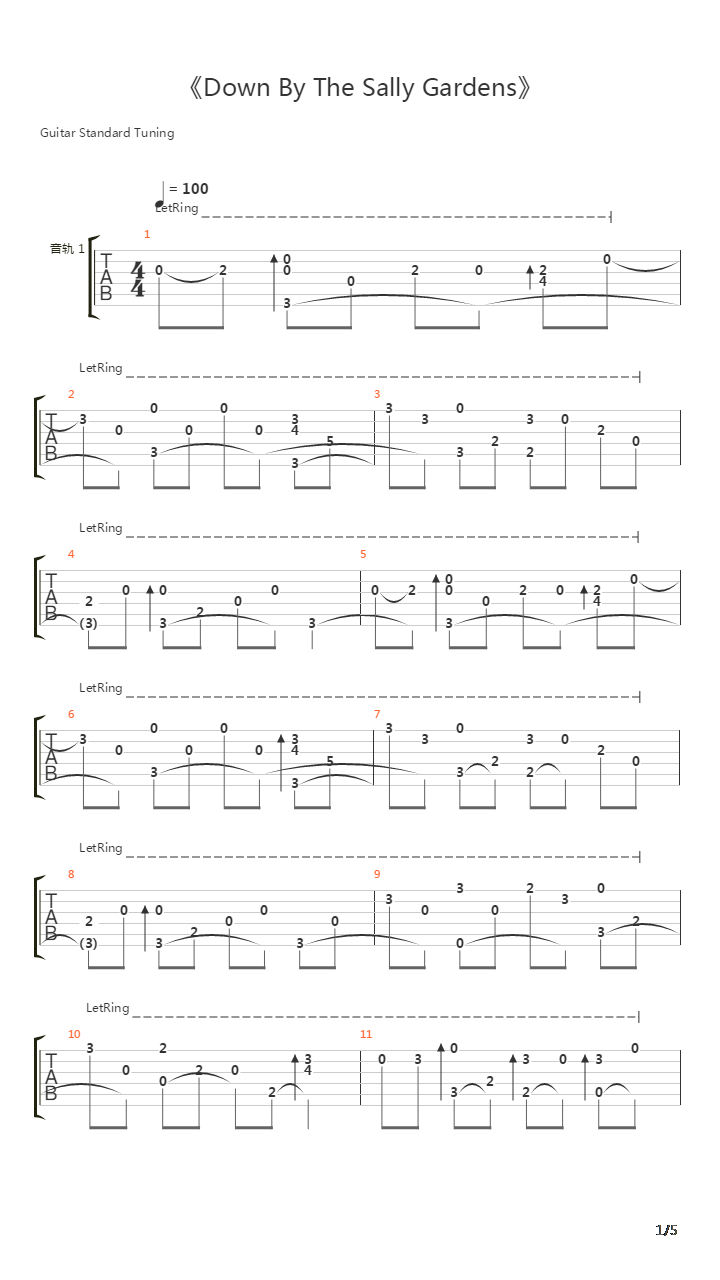 Down By The Sally Gardens(爱尔兰画眉)吉他谱