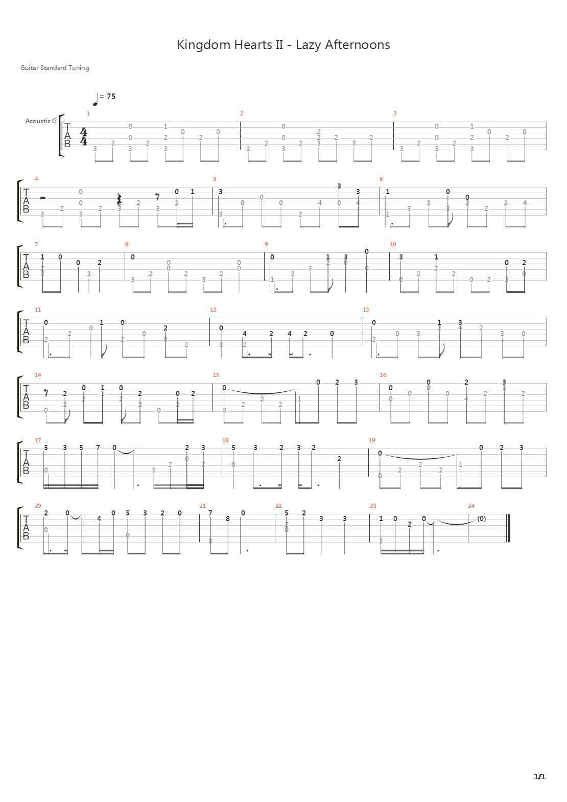 Kingdom Hearts(王国之心) - Lazy Afternoons吉他谱