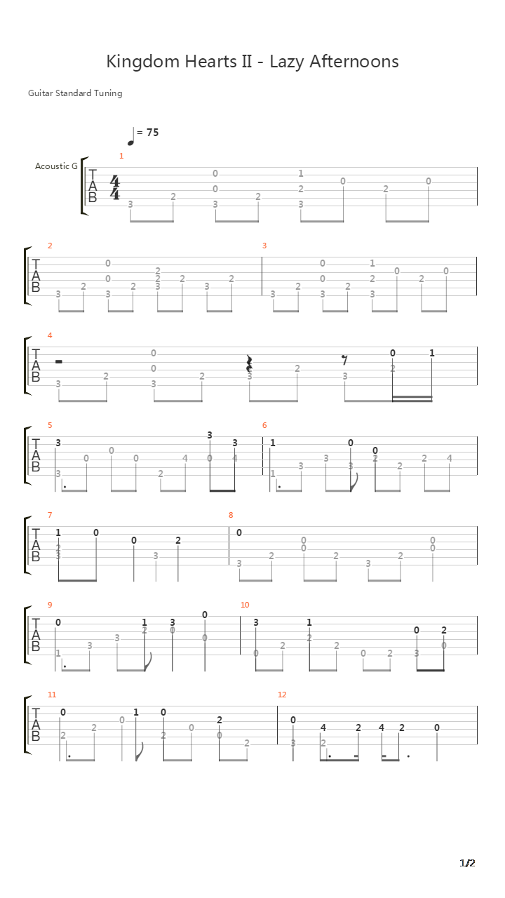Kingdom Hearts(王国之心) - Lazy Afternoons吉他谱