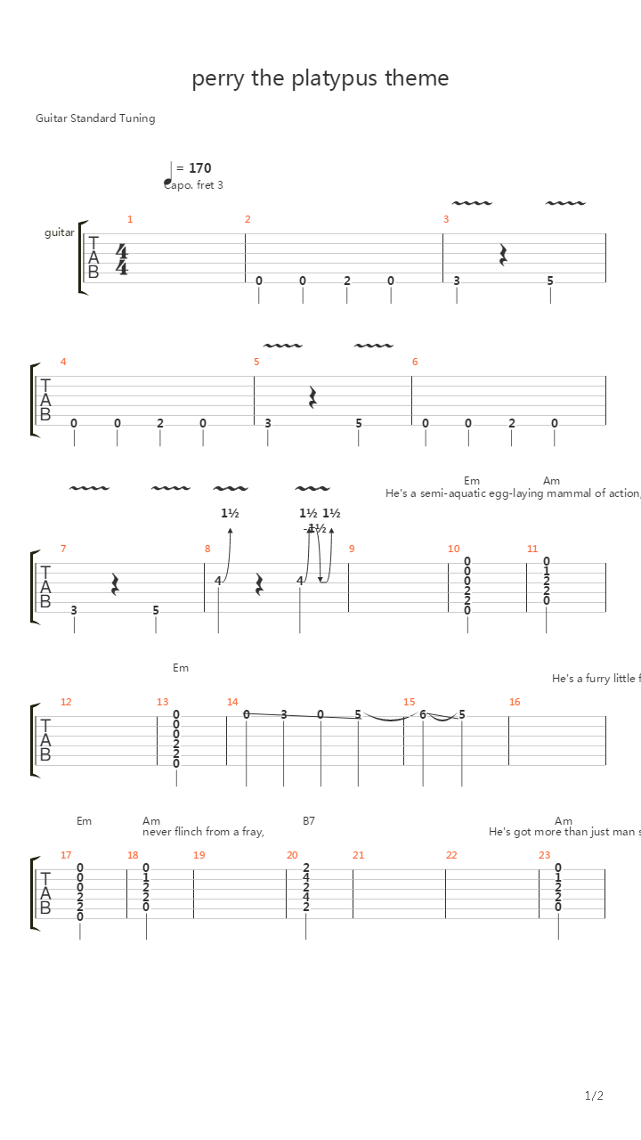 Phineas And Ferb(飞哥与小佛) - Perry The Platypus Theme吉他谱