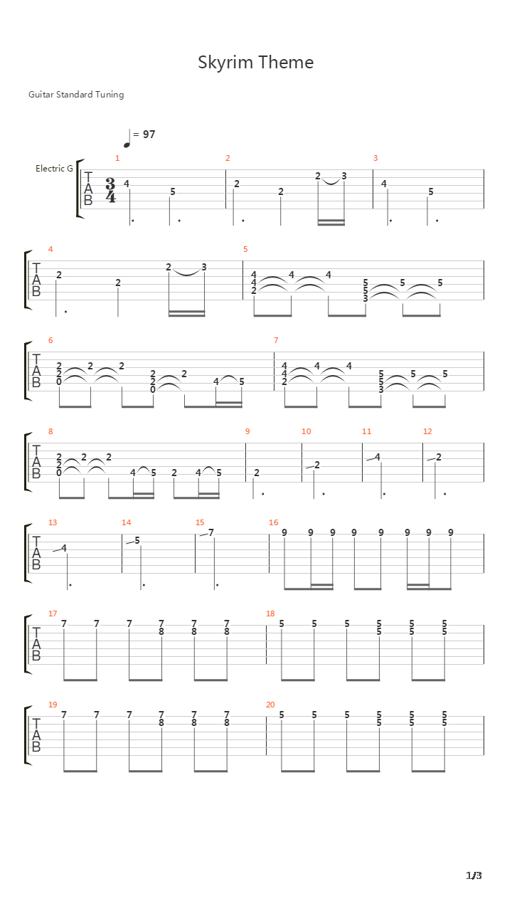 The Elder Scrolls(上古卷轴) - Skyrim Theme Sons Of Skyrim吉他谱
