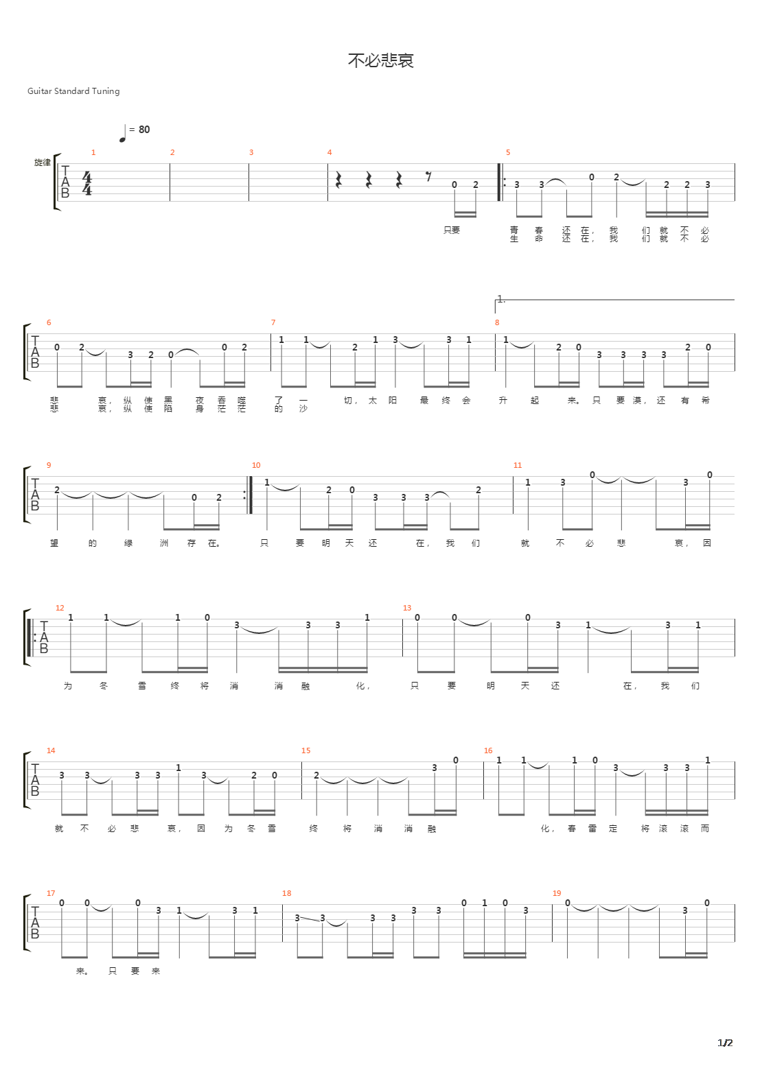 不必悲哀吉他谱