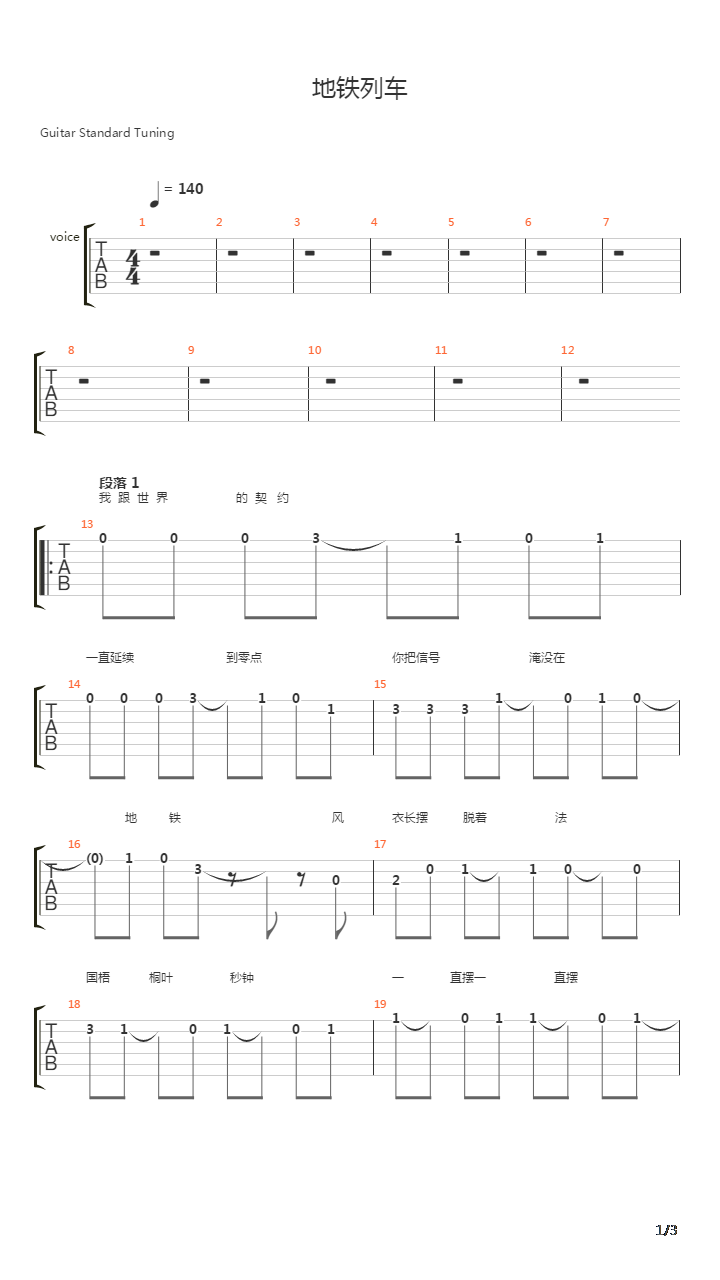地铁列车(原创ROCK新编曲)吉他谱