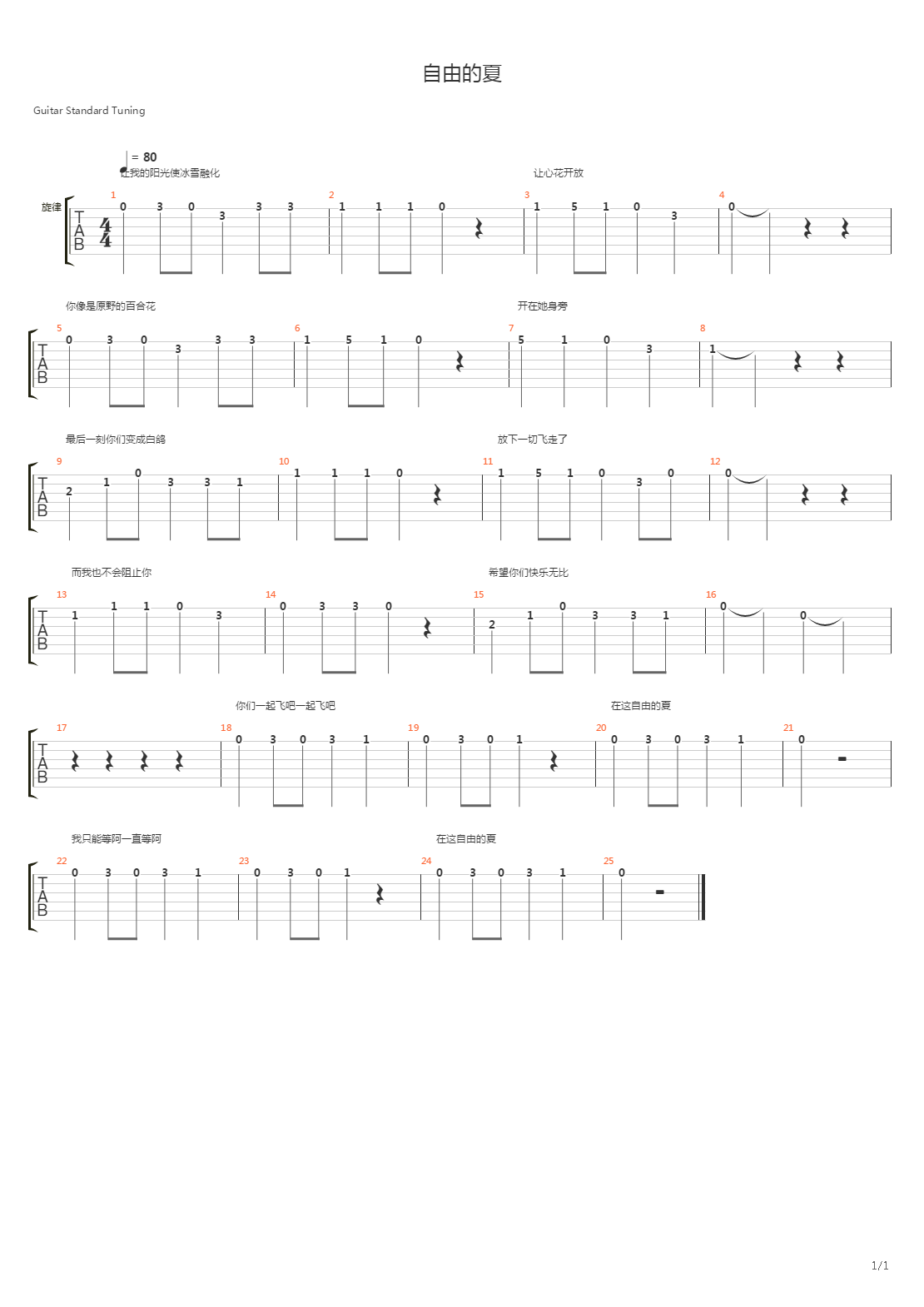 自由的夏吉他谱