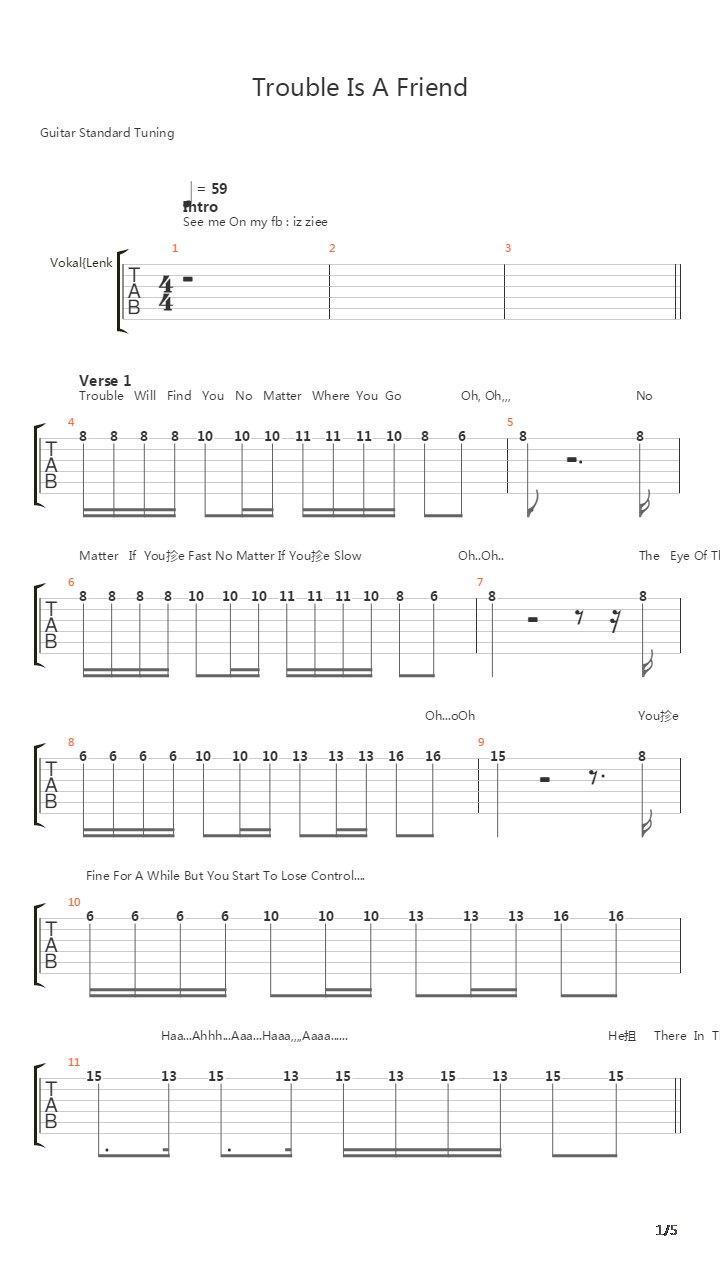 Trouble Is A Friend吉他谱