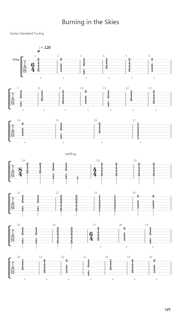 Burning In The Skies吉他谱