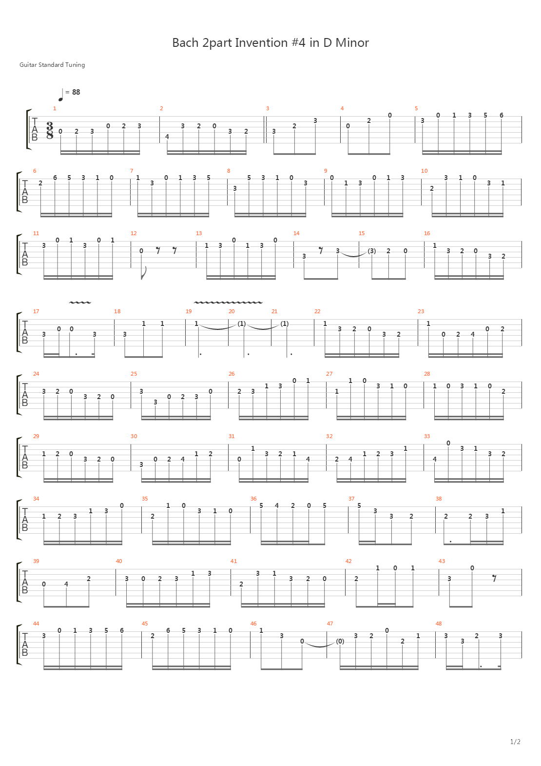 2声のインヴェンション 第4番(巴赫 二声部创意曲 第4号)吉他谱