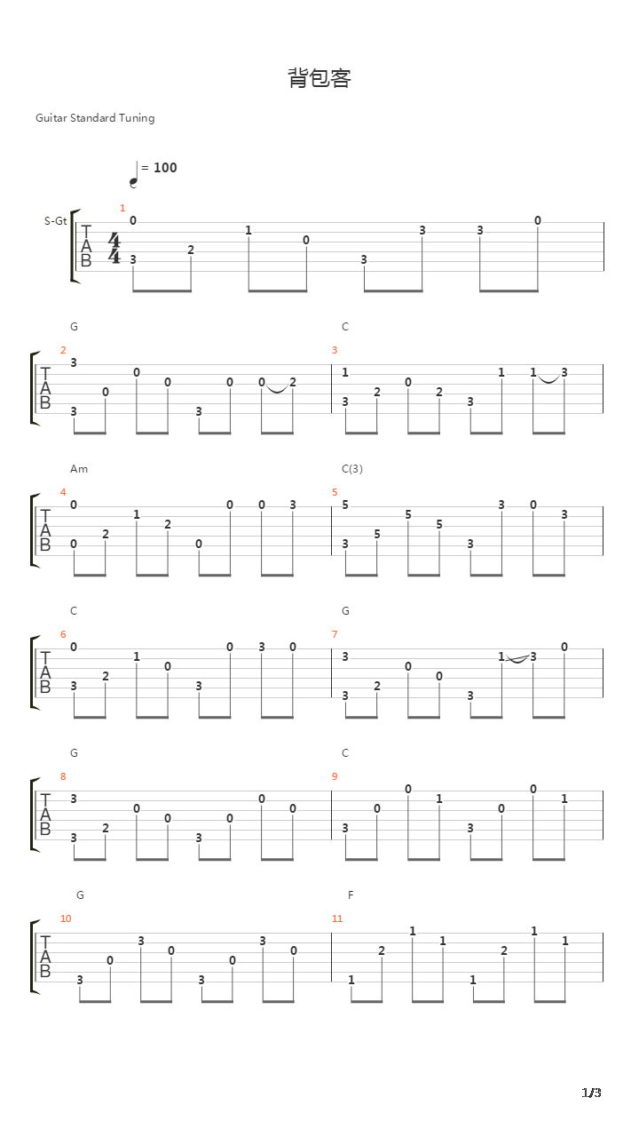背包客吉他谱