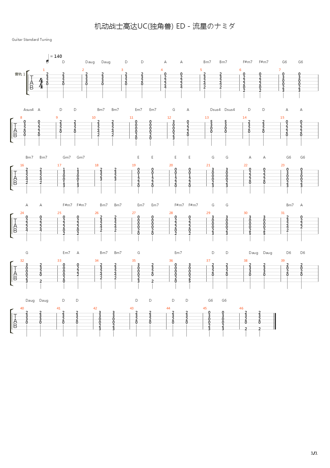 机动战士高达UC(独角兽) ED - 流星のナミダ(流星的眼泪)吉他谱