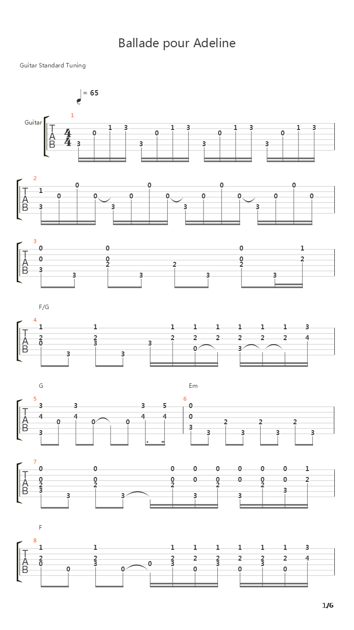 Ballade Pour Adeline(水边的阿狄丽娜)吉他谱