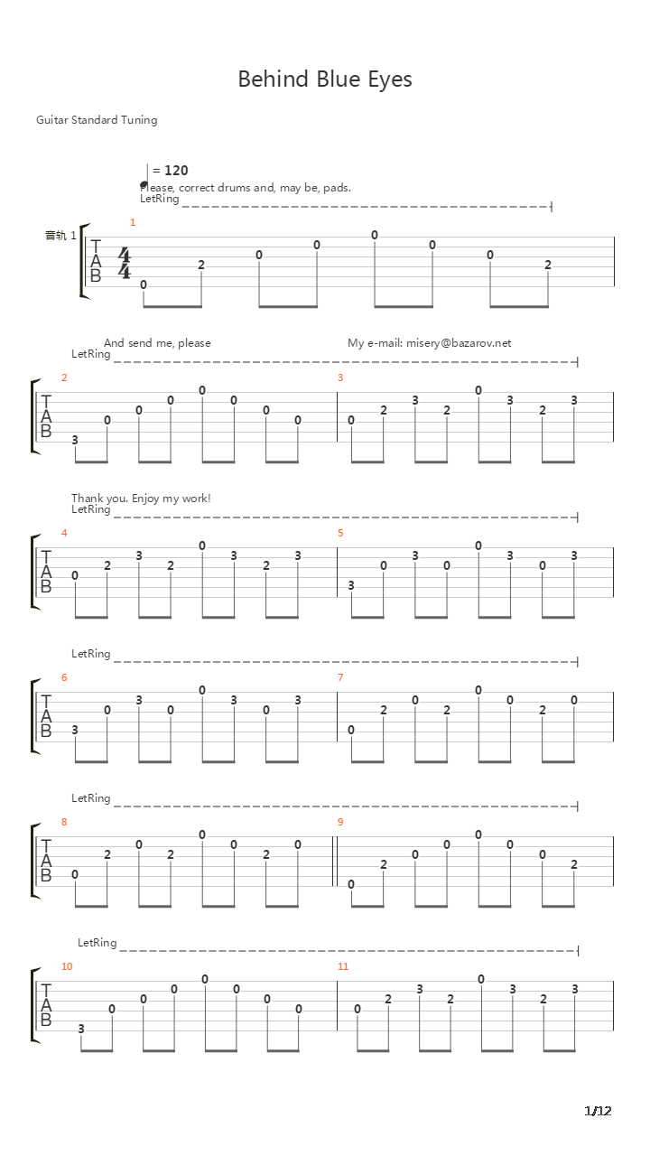 Behind Blue Eyes吉他谱