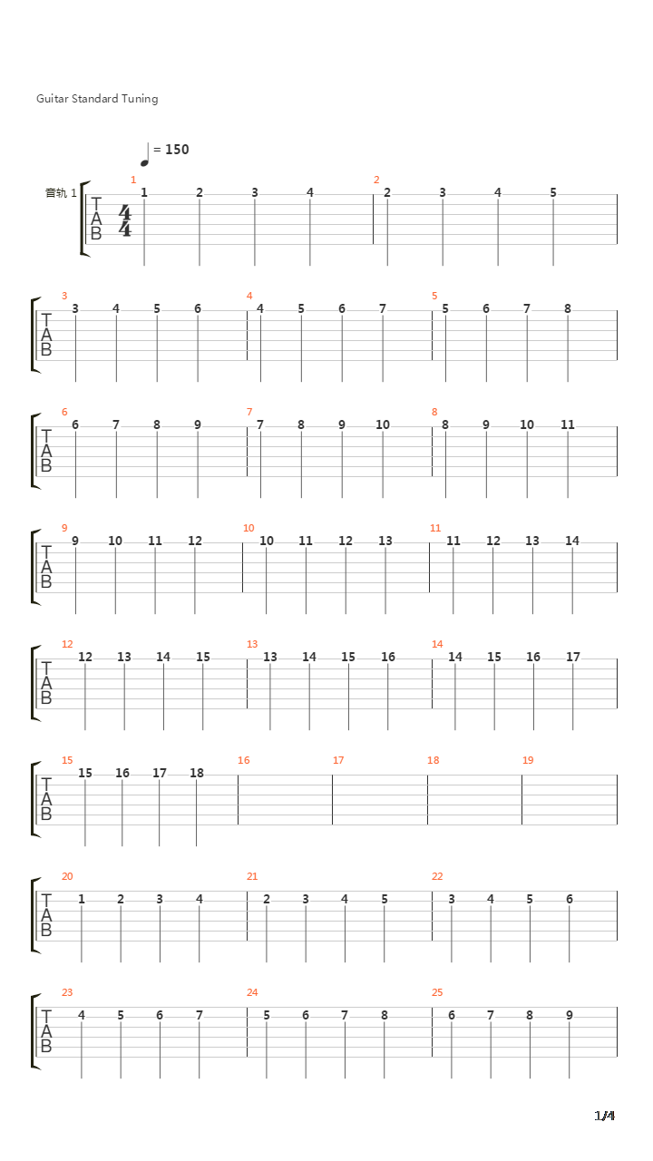 1-6弦横向1234顺爬吉他谱