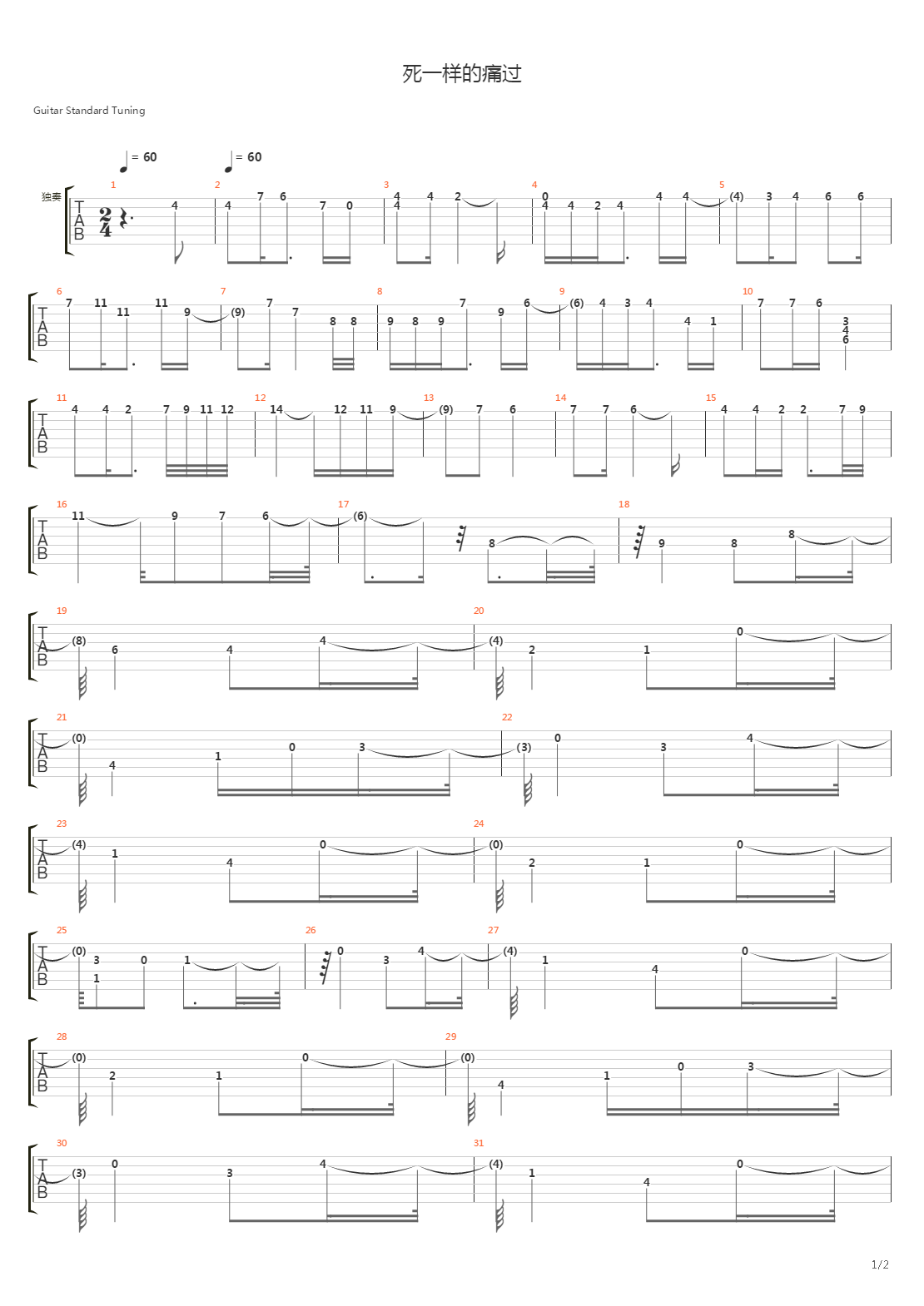 死一样的痛过吉他谱