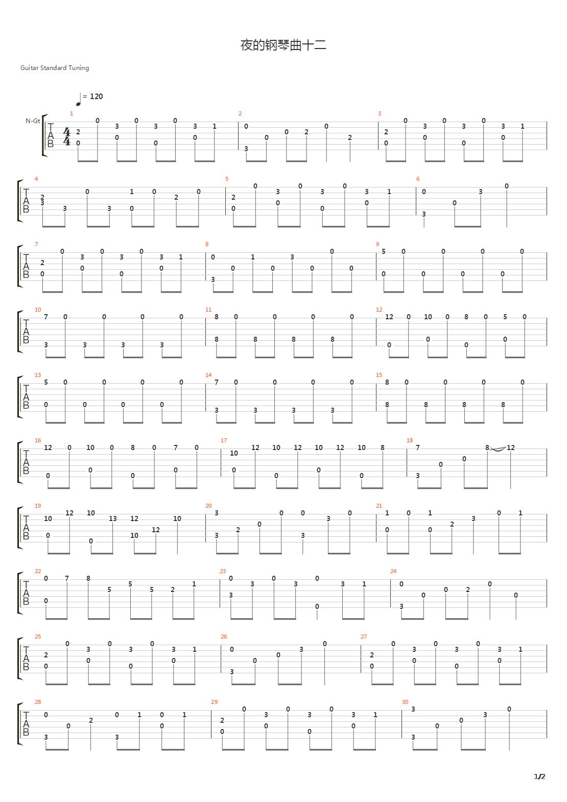 夜的钢琴曲十二吉他谱