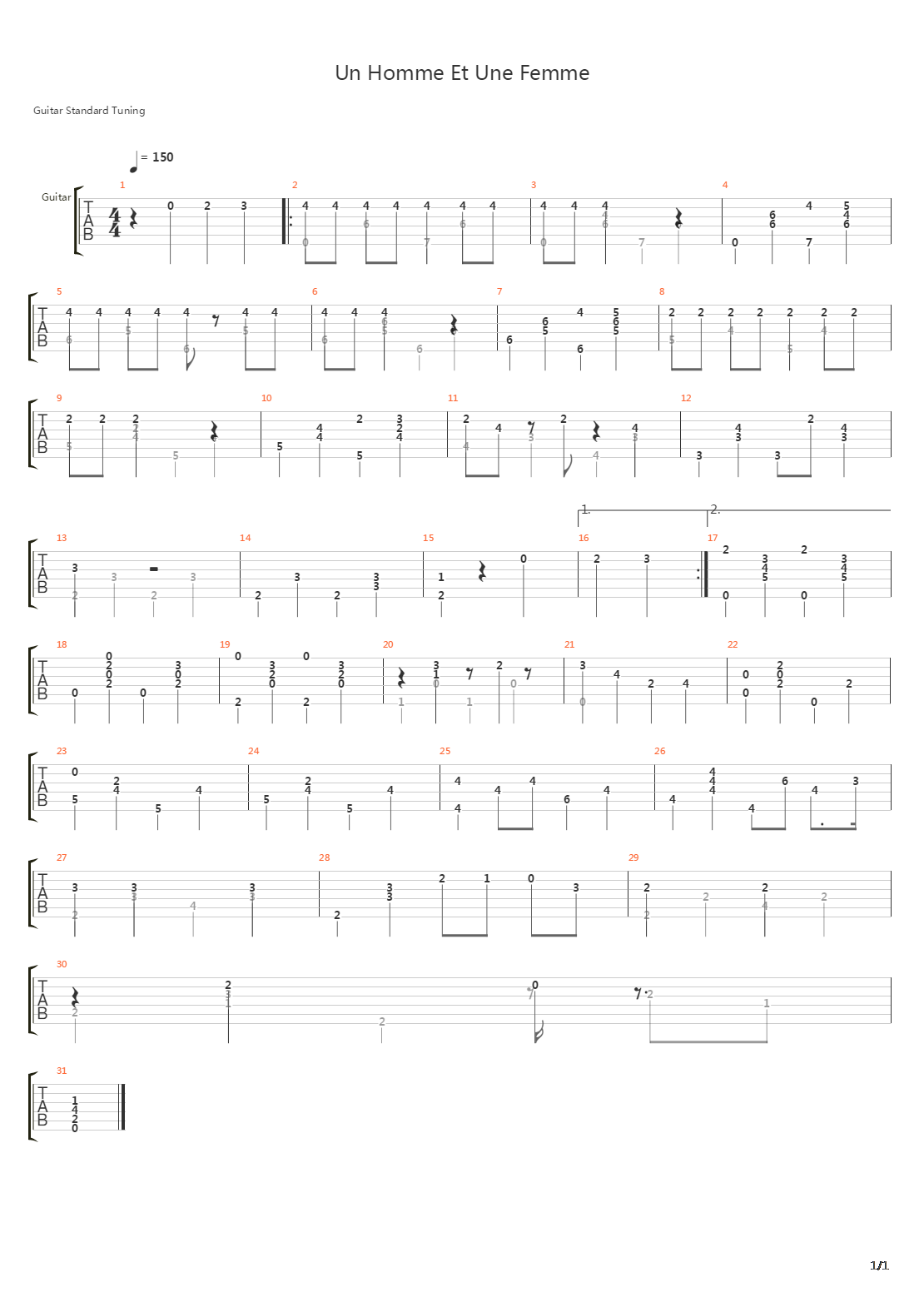 Un Homme Et Une Femme吉他谱