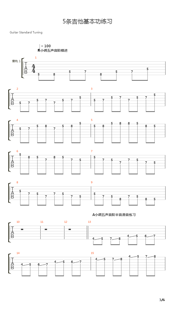 5条吉他基本功练习吉他谱
