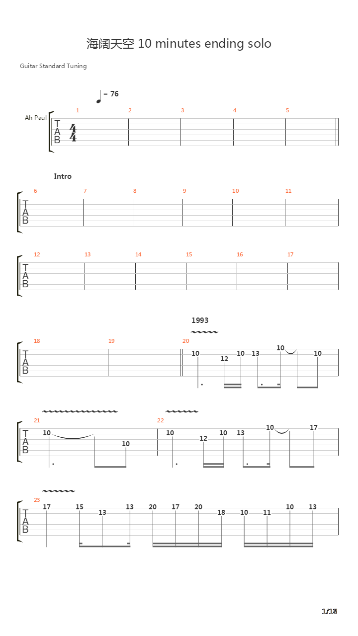 海阔天空(演唱会10分钟ending solo大串烧)吉他谱