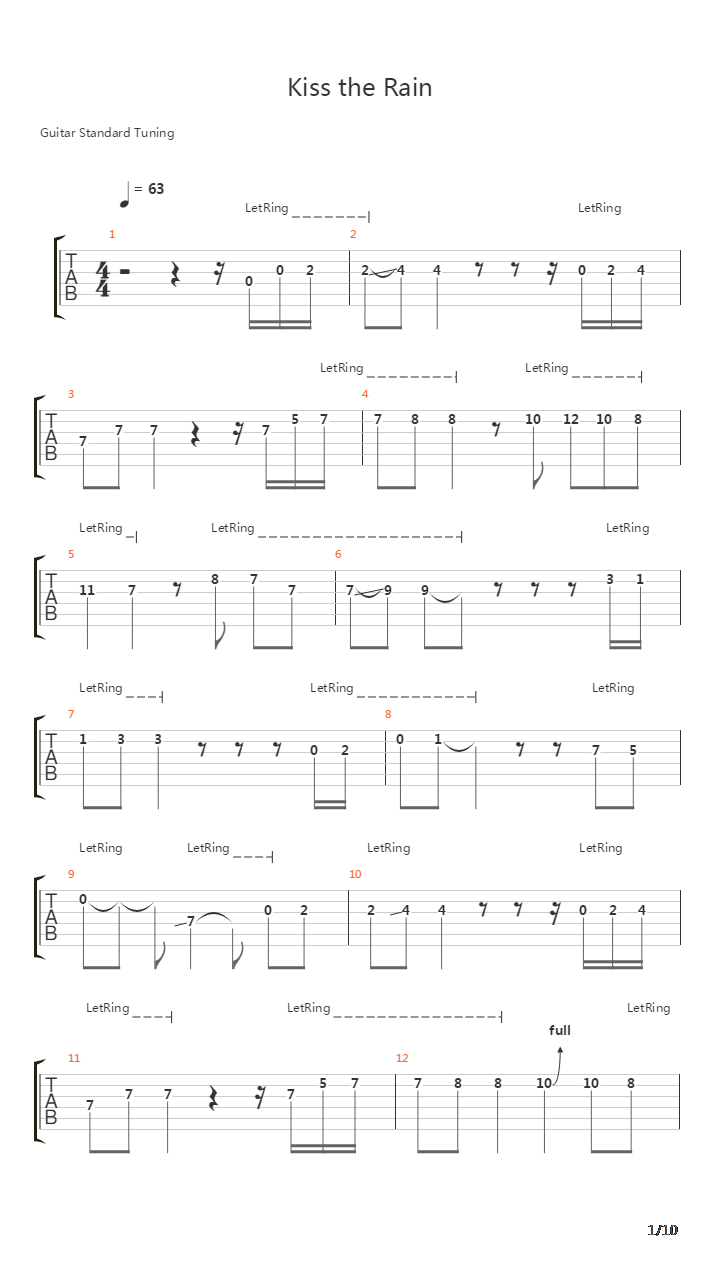 雨的印记(Kiss The Rain)吉他谱