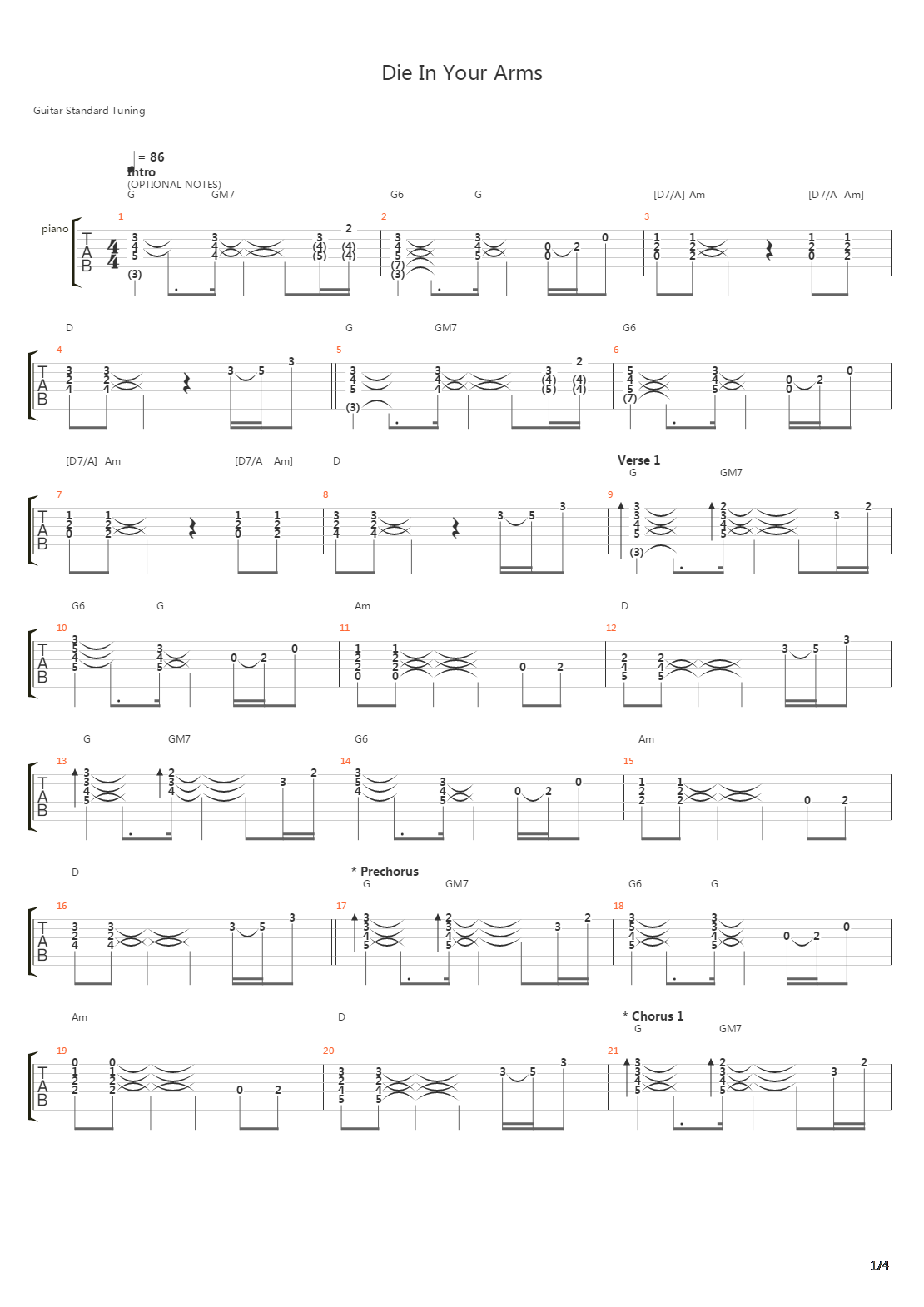 Die In Your Arms吉他谱