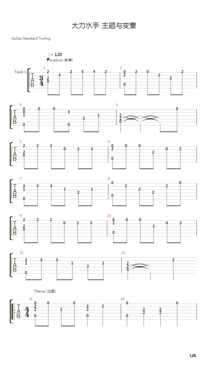 大力水手 - 主题与变奏吉他谱