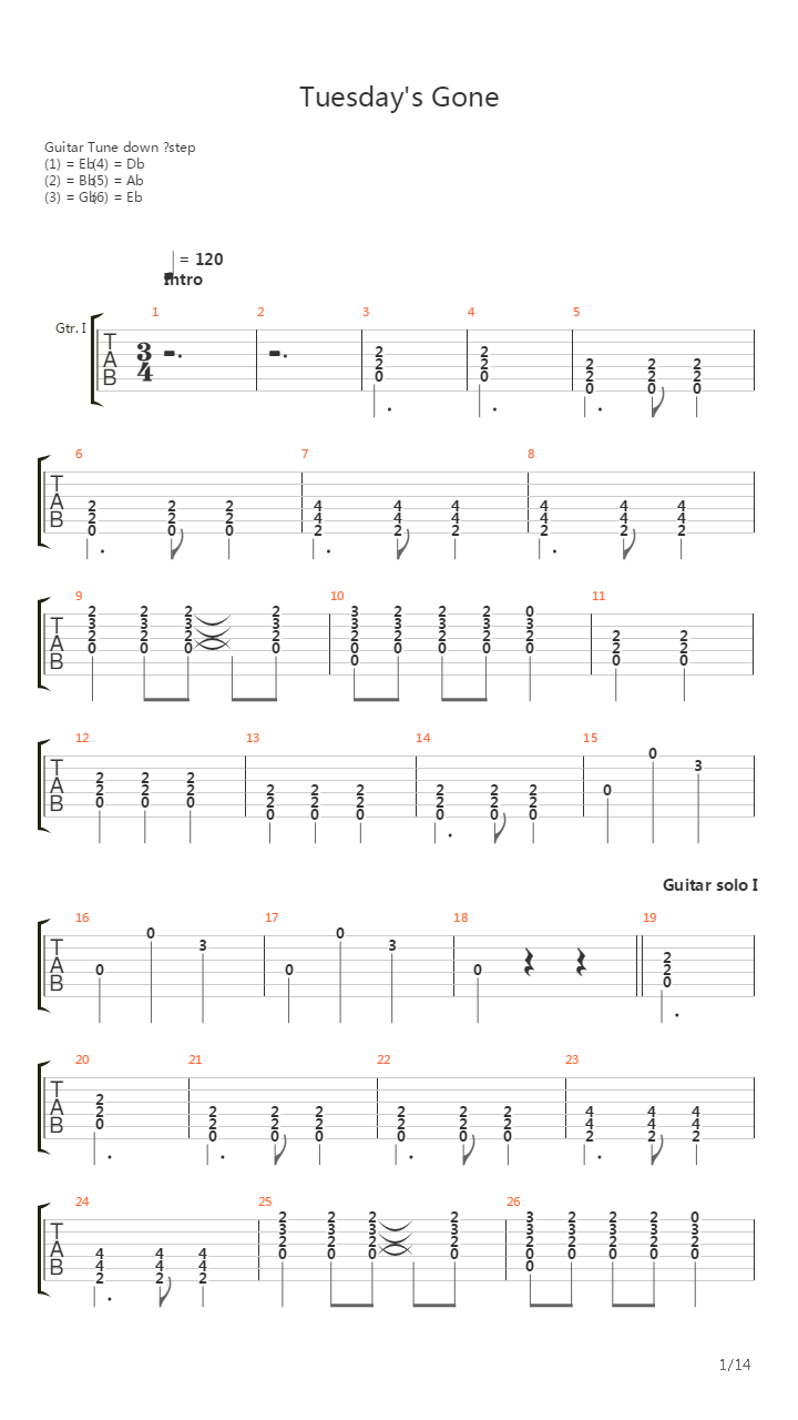 Tuesdays Gone吉他谱