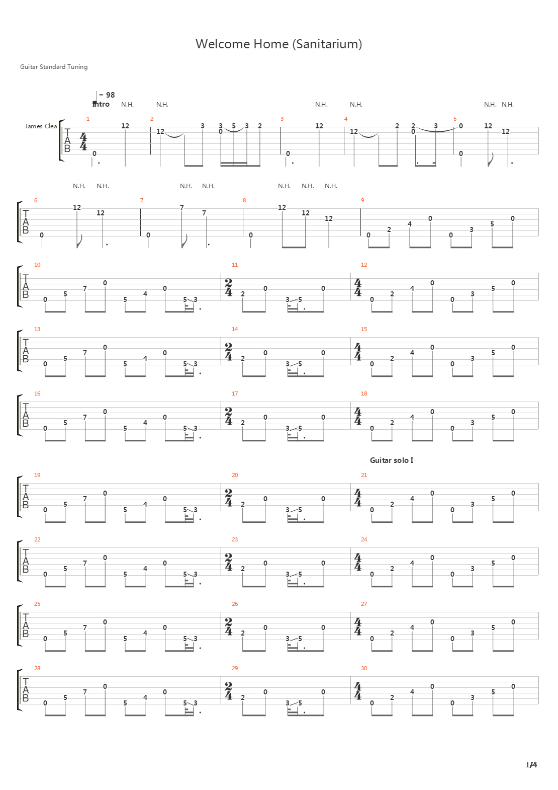 Welcome Home (Sanitarium)吉他谱