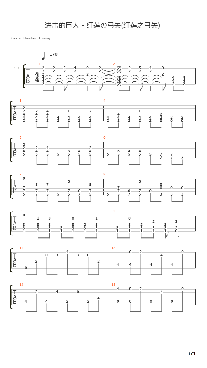 进击的巨人 - 红莲の弓矢(红莲之弓矢)吉他谱