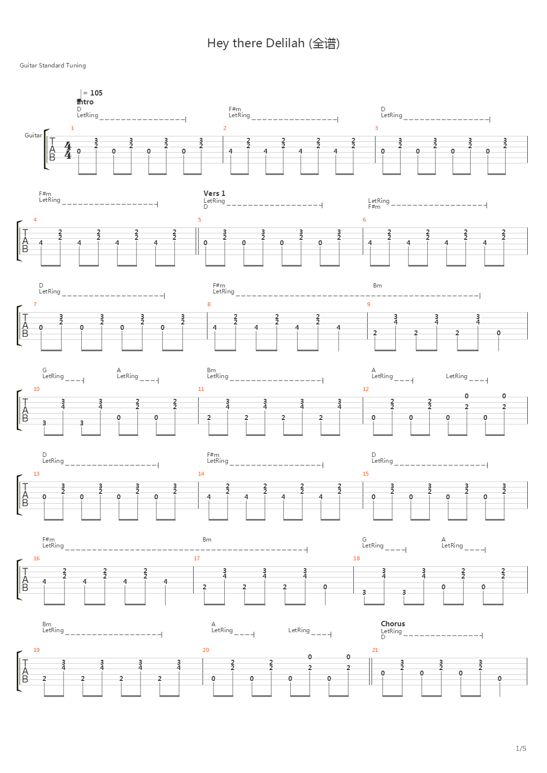Hey There Delilah吉他谱