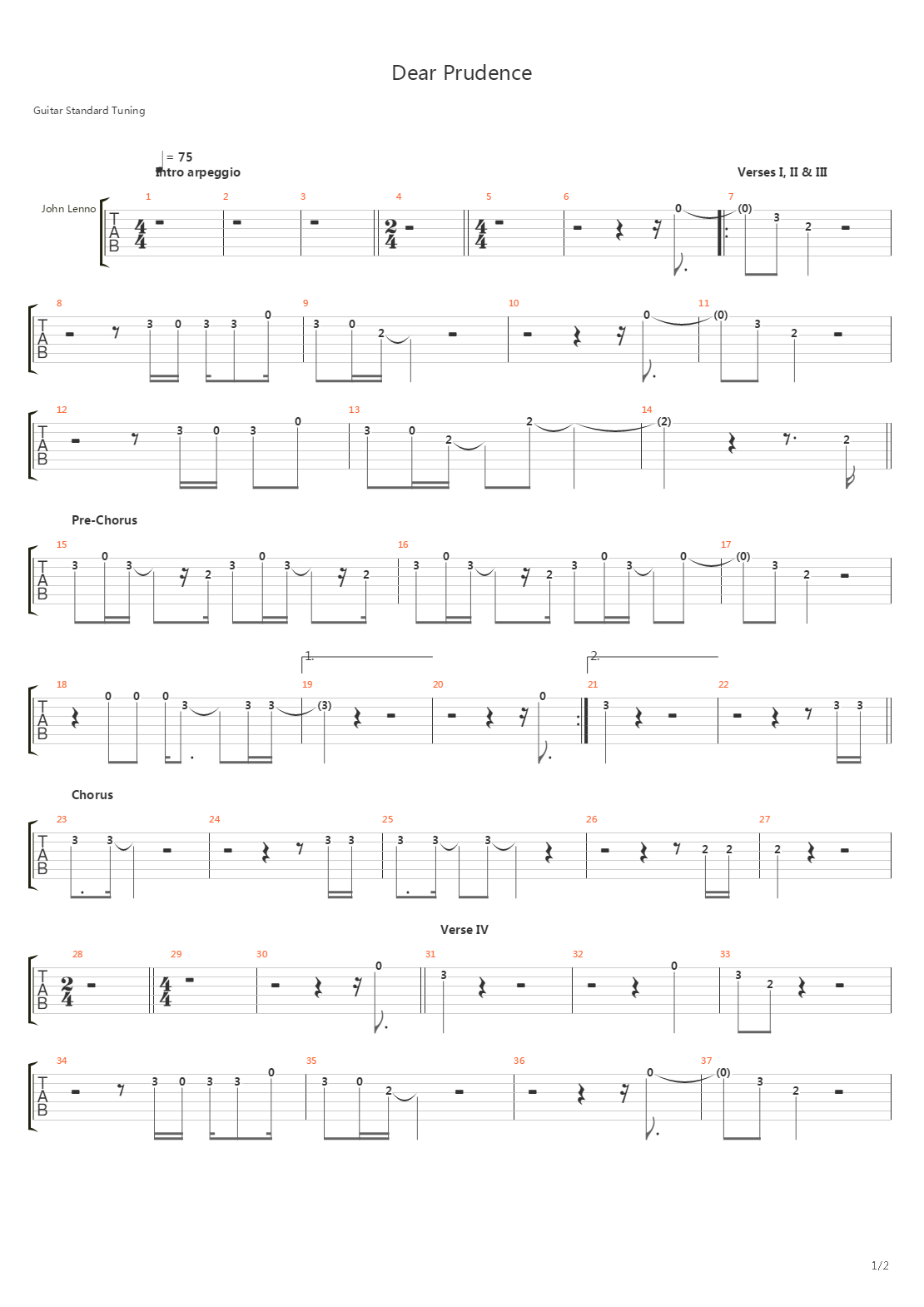 Dear Prudence吉他谱