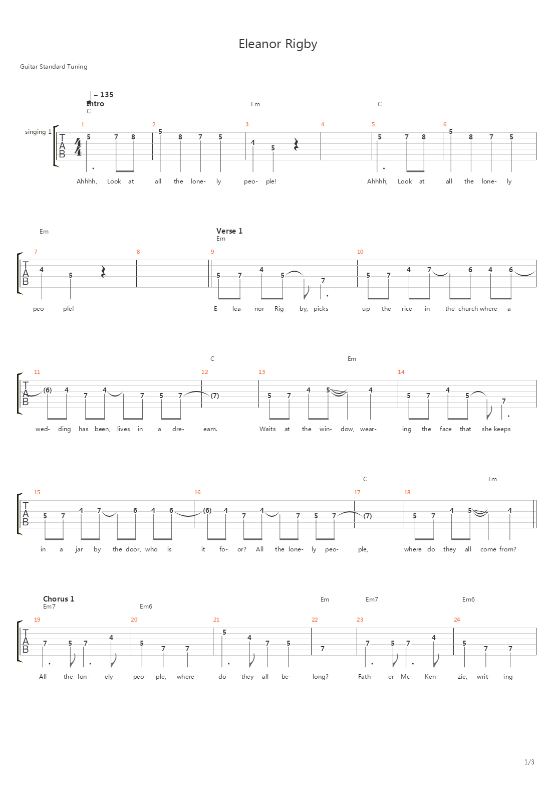 Eleanor Rigby吉他谱