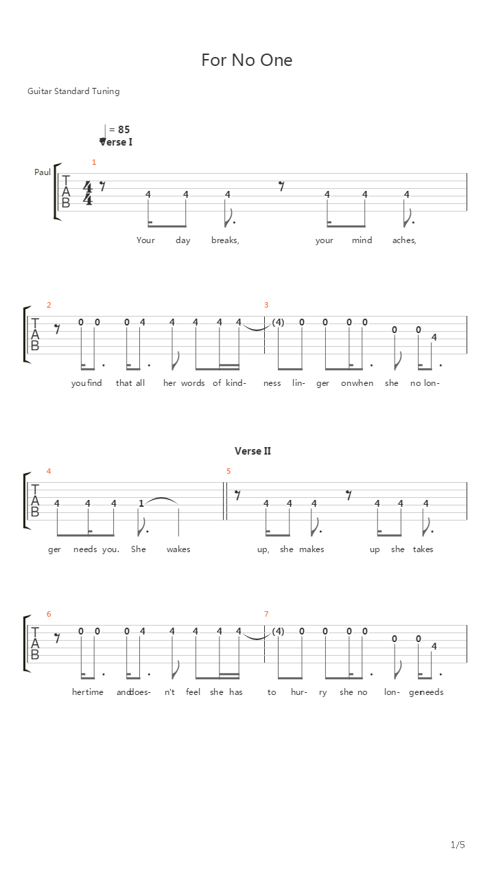 For No One吉他谱