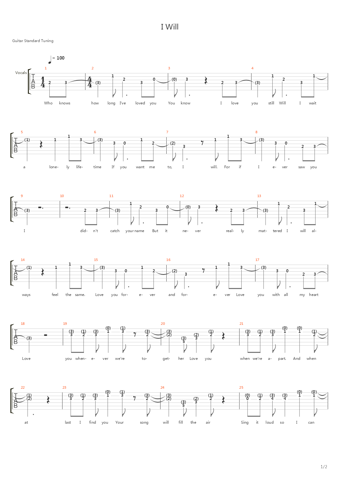 I Will吉他谱