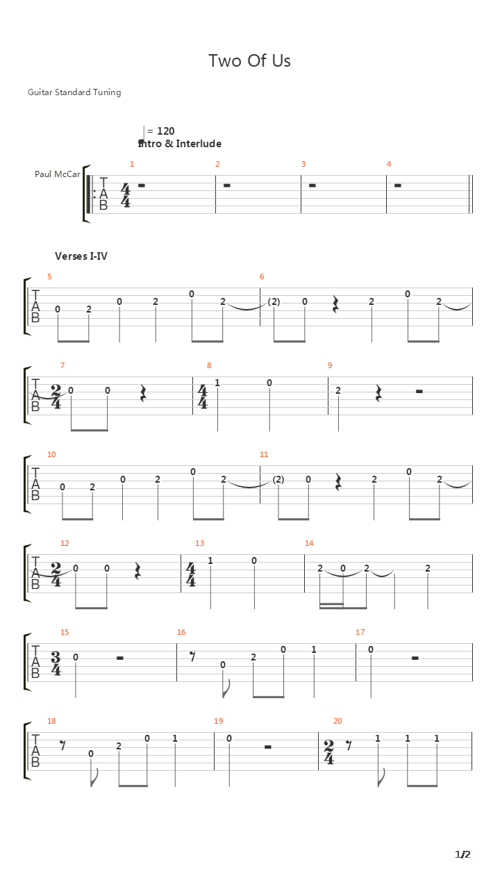 Two Of Us吉他谱