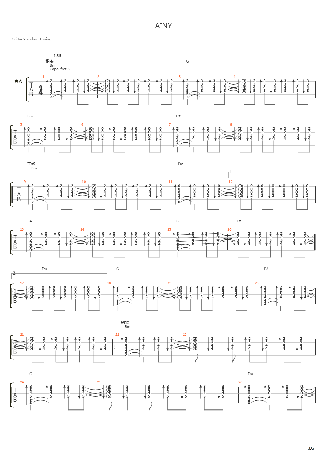 A.I.N.Y. (爱你)吉他谱