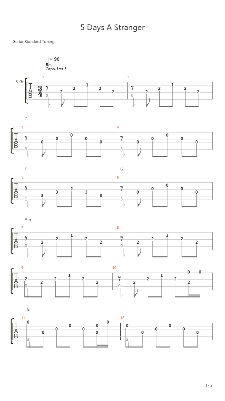 5 Days a Stranger - Title Theme吉他谱