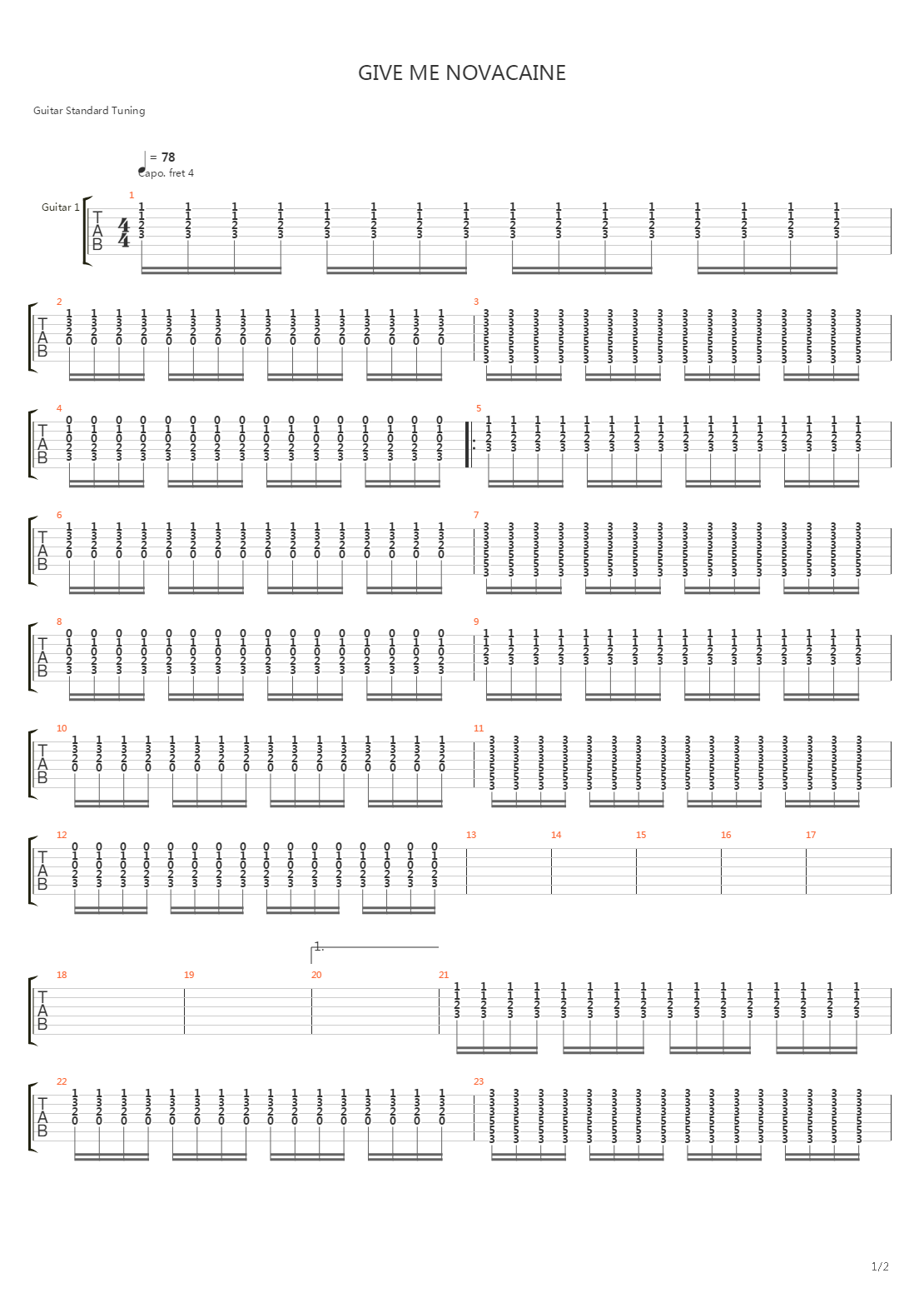 Give Me Novacaine吉他谱