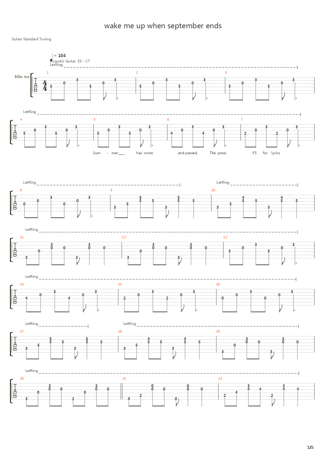 Wake Me Up When September Ends吉他谱