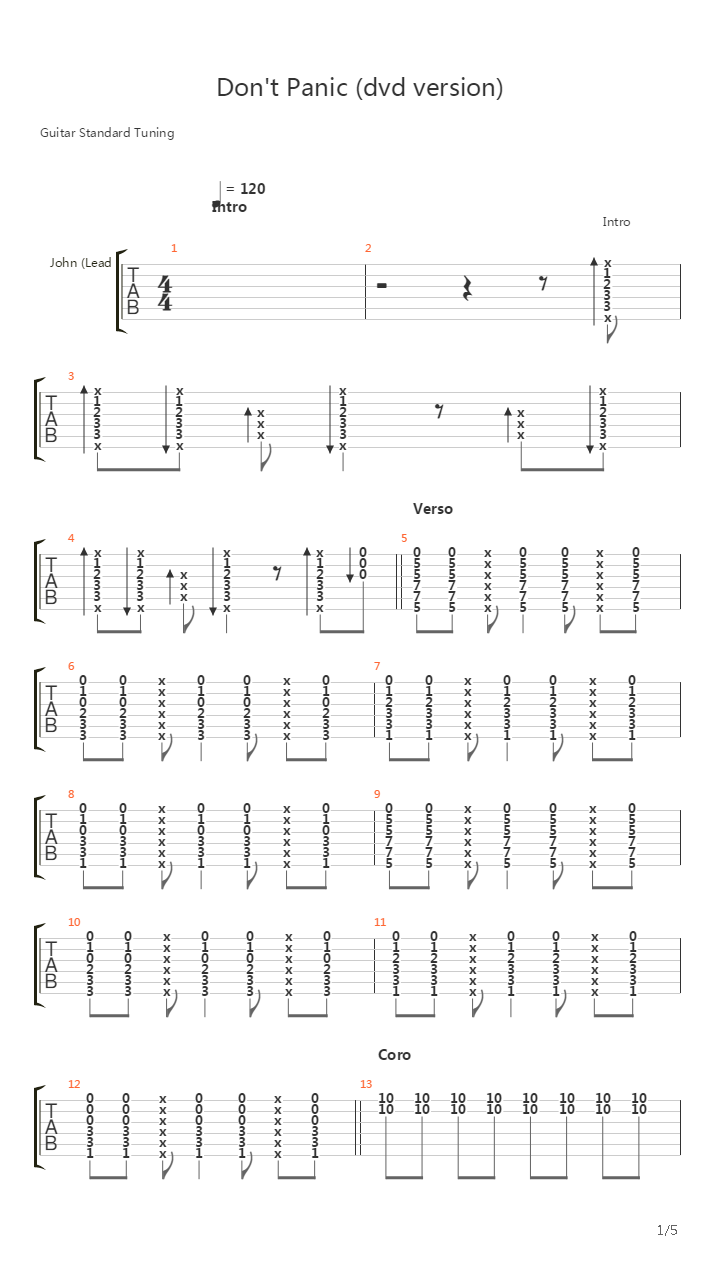 Dont Panic吉他谱