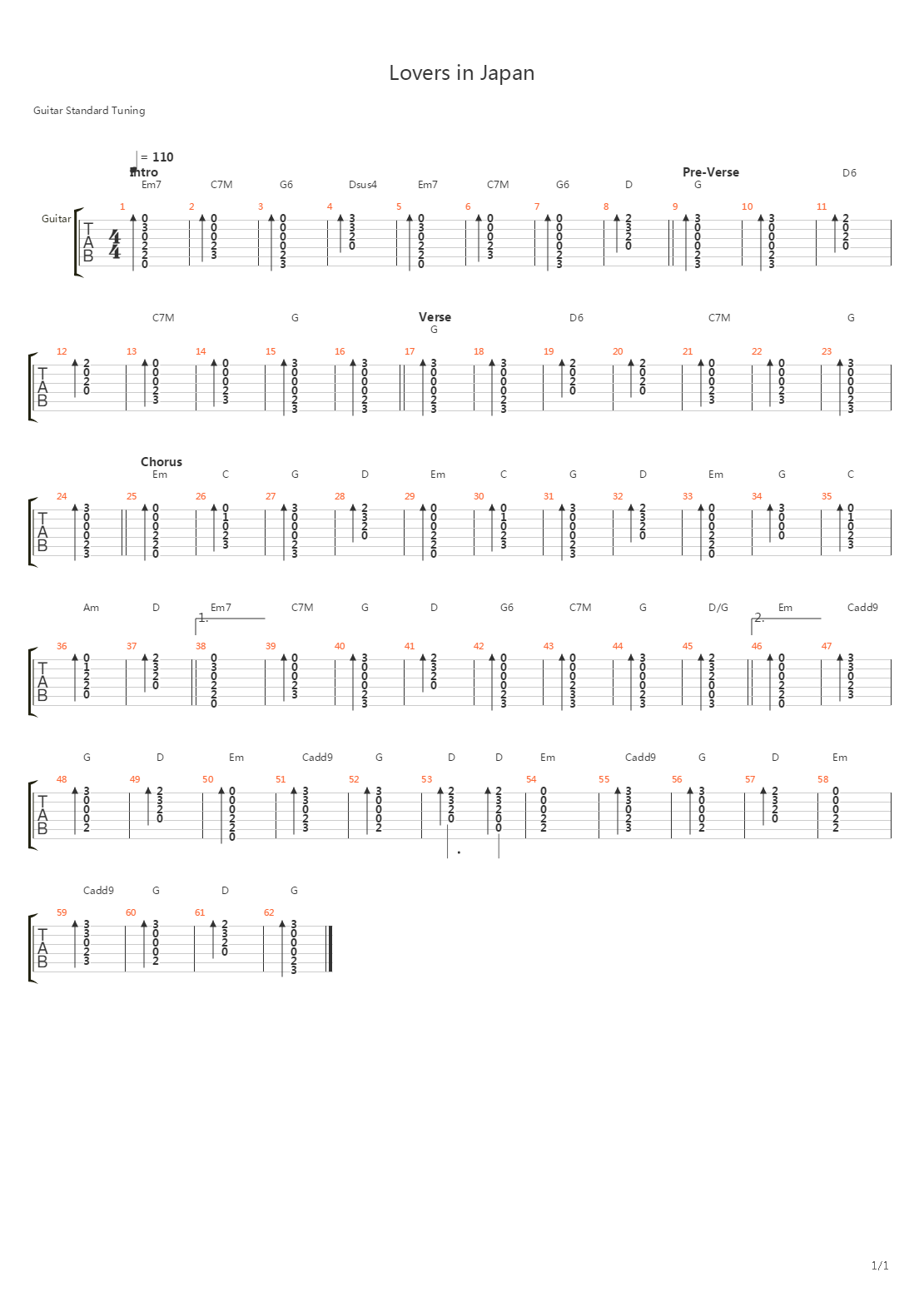 Lovers In Japan吉他谱