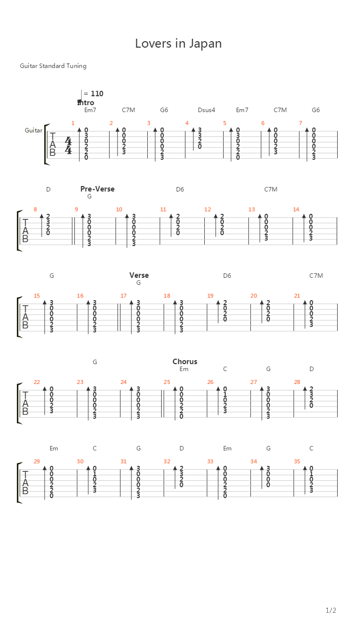 Lovers In Japan吉他谱