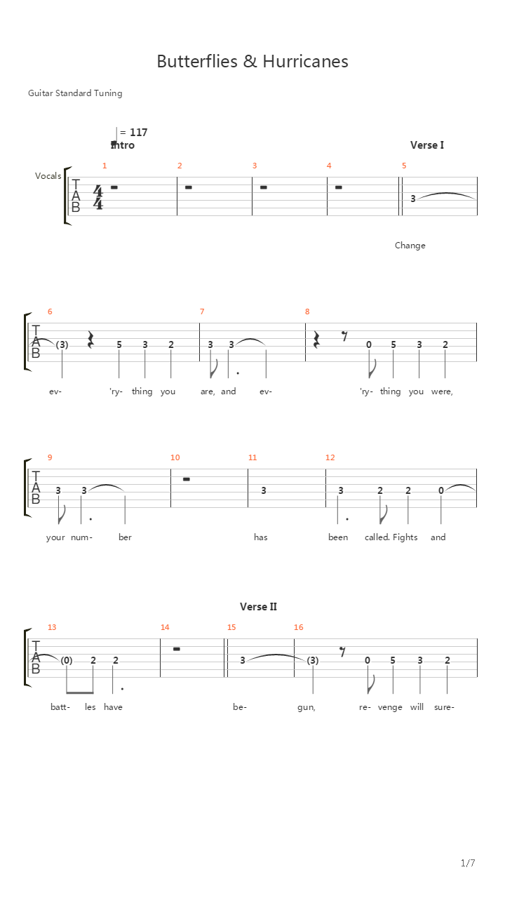 Butterflies And Hurricanes吉他谱