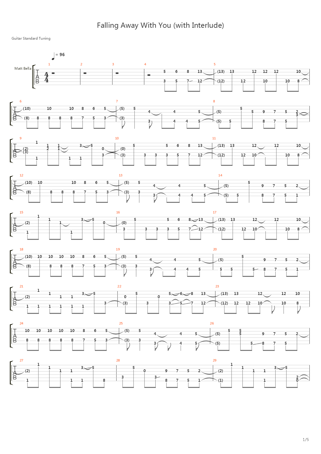 Falling Away With You吉他谱