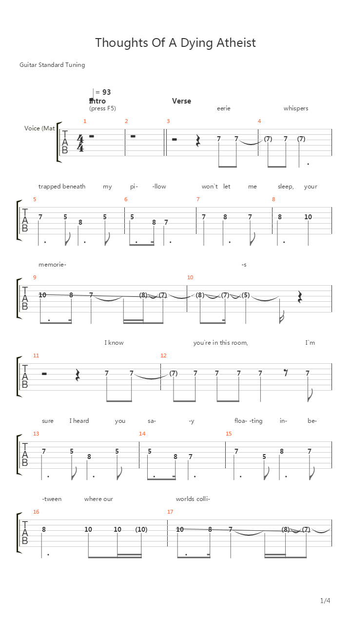 Thoughts Of A Dying Atheist吉他谱