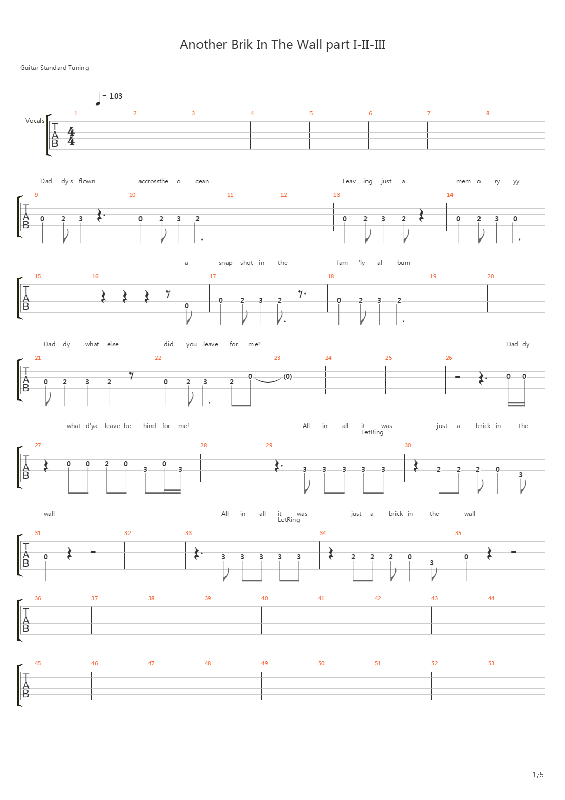 Another Brick In The Wall Part 1 2 3吉他谱