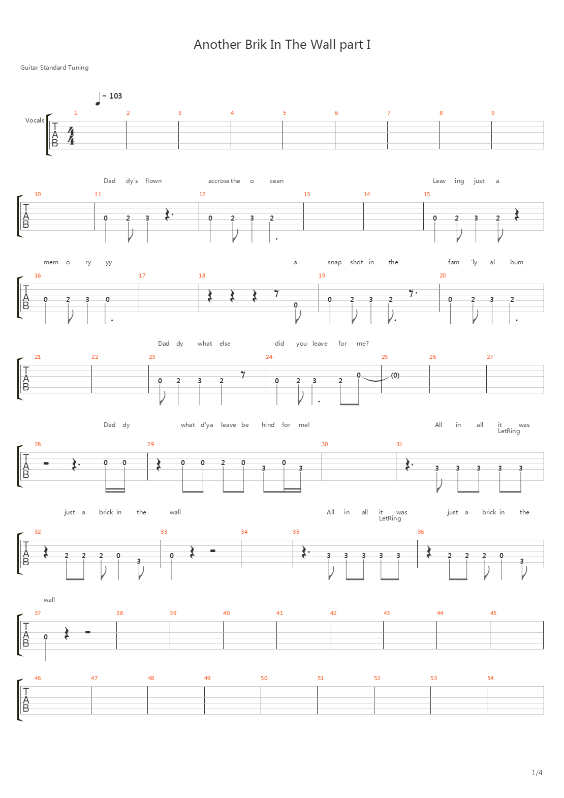 Another Brick In The Wall Part 1-2-3吉他谱