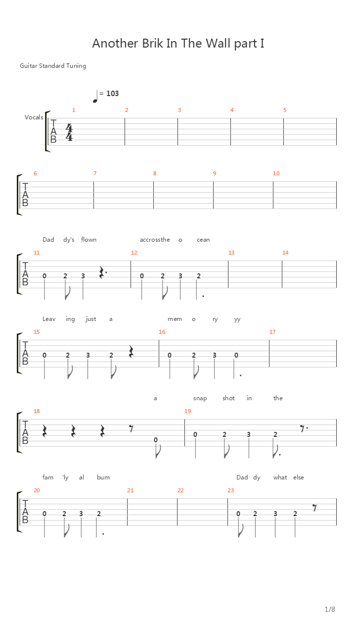 Another Brick In The Wall Part 1-2-3吉他谱